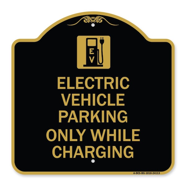 Electric Vehicle Parking While Charging W/ Graphic, Black & Gold Alum Sign, 18" x 18", BG-1818-24113